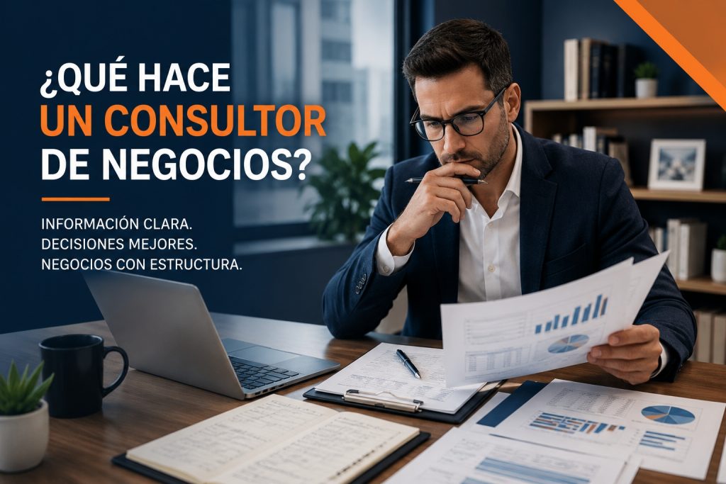 Consultor de negocios analizando información empresarial para apoyar la toma de decisiones estratégicas