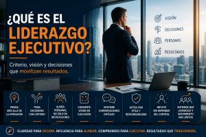 Líder ejecutivo dirigiendo una reunión estratégica para alinear equipos, tomar decisiones y alcanzar objetivos organizacionales
