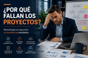 Consultor y equipo de proyecto revisando indicadores, riesgos y decisiones para asegurar el éxito de la ejecución del proyecto.