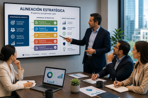 Equipo ejecutivo revisando un portafolio de proyectos en una sala de juntas mientras relacionan iniciativas, prioridades estratégicas e indicadores de valor de negocio.