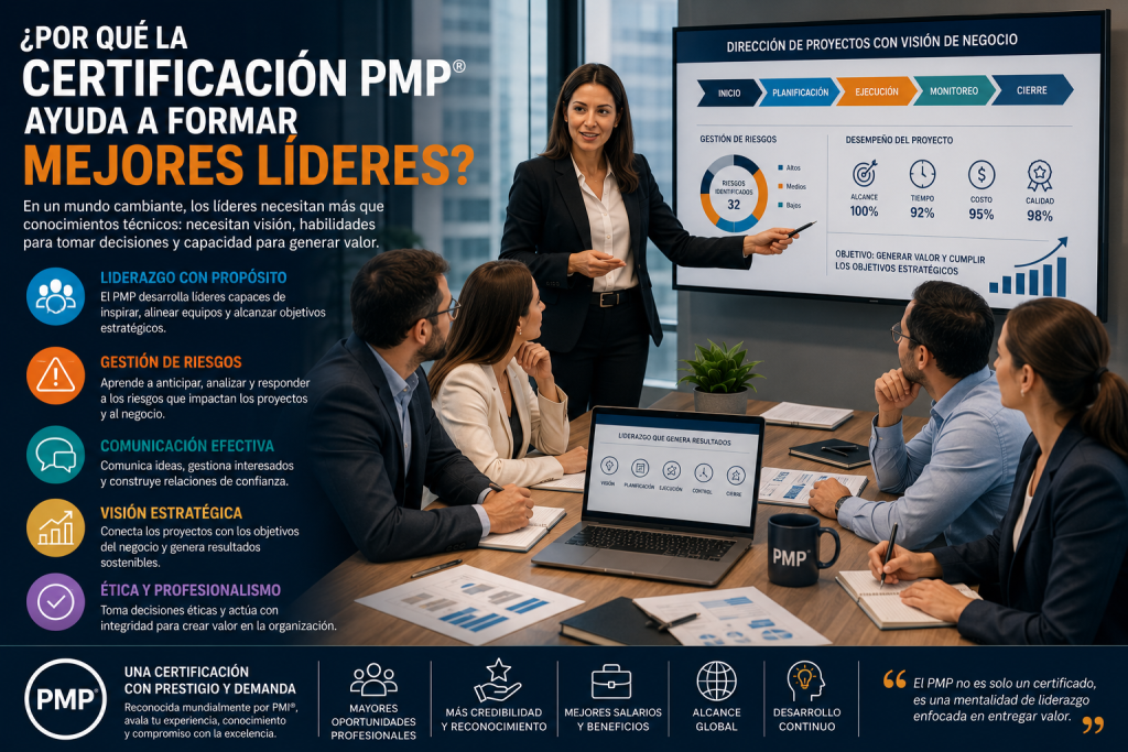 Profesional certificado PMP liderando una reunión estratégica de dirección de proyectos con un equipo multidisciplinario.