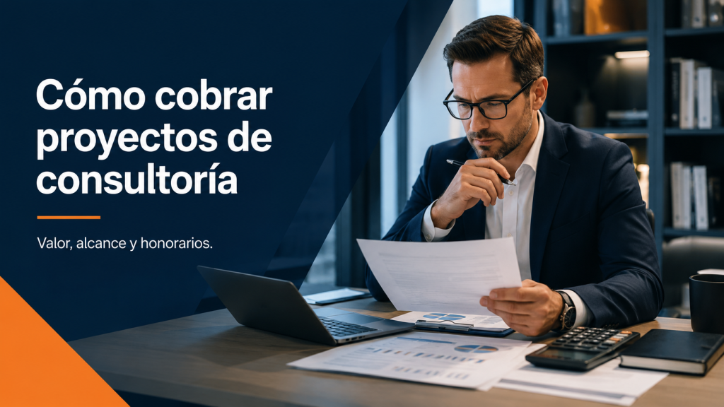 Consultor revisando una propuesta económica de consultoría con documentos, calculadora y computadora portátil sobre una mesa de trabajo profesional.