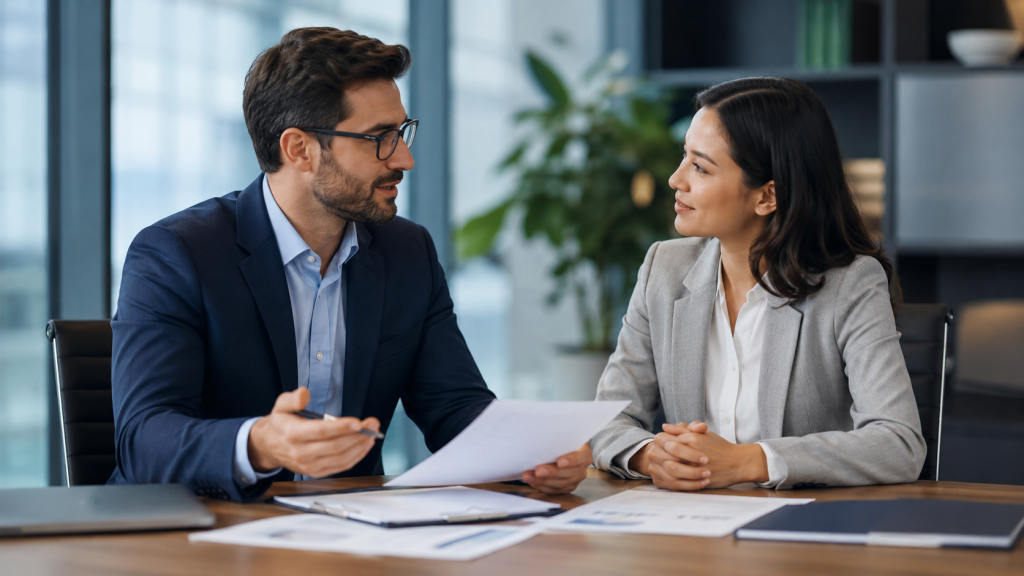 Consultora y cliente conversando en una sala de juntas mientras revisan documentos de trabajo y acuerdos de consultoría con actitud profesional y colaborativa.