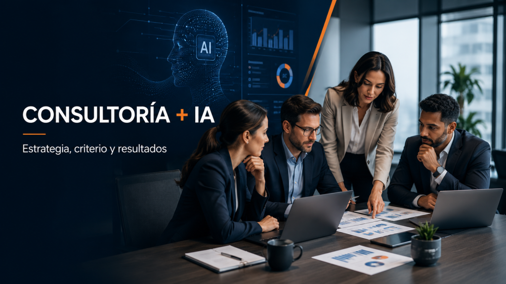 Equipo de consultoría analizando información en una sala de juntas con pantallas digitales, documentos estratégicos y herramientas de inteligencia artificial.