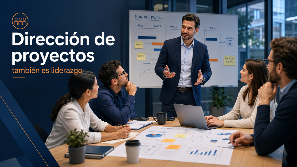 Project manager liderando una conversación con su equipo de proyecto en una sala de juntas mientras revisan avances, riesgos y decisiones estratégicas.