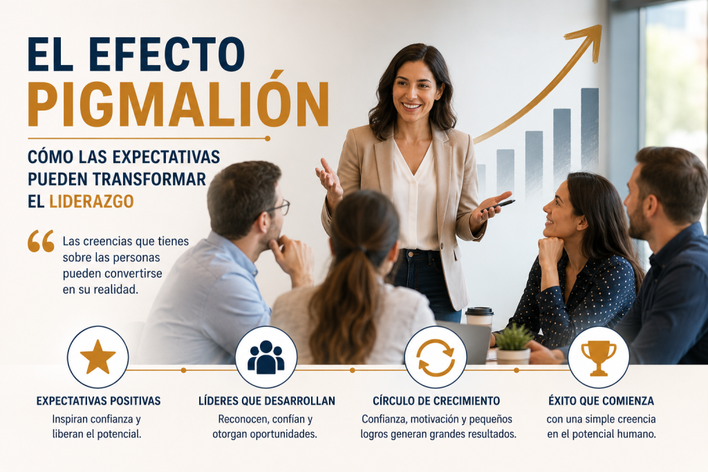 Líder motivando a un equipo durante una reunión mientras un gráfico ascendente simboliza el crecimiento, la confianza y el desarrollo del potencial humano.