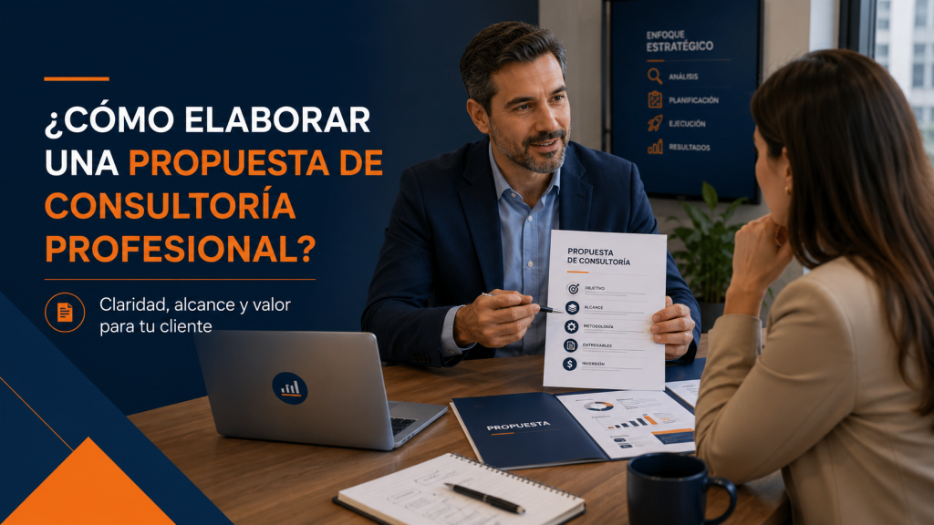 Consultor revisando una propuesta de consultoría con un cliente en una sala de juntas mientras analizan documentos, alcance y objetivos del proyecto.
