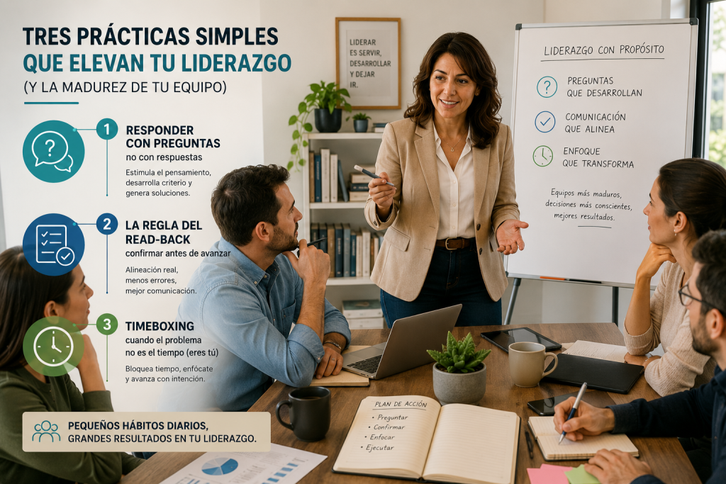 Líder facilitando una conversación con su equipo utilizando preguntas, comunicación efectiva y técnicas de productividad.
