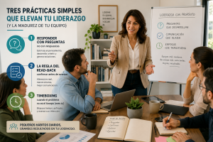 Líder facilitando una conversación con su equipo utilizando preguntas, comunicación efectiva y técnicas de productividad.