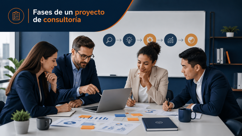 Equipo profesional revisando las fases de un proyecto de consultoría en una sala de juntas con documentos, laptop y tablero de seguimiento.