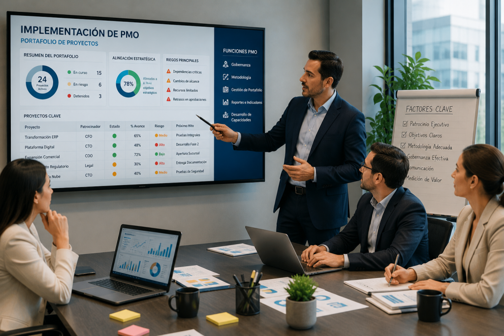Equipo ejecutivo revisando la implementación de una PMO en una sala de juntas con tablero de portafolio, indicadores de proyectos y documentos de gobernanza.