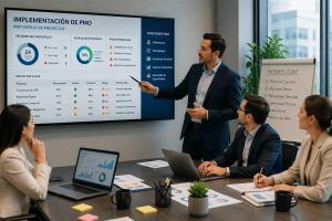 Equipo ejecutivo revisando la implementación de una PMO en una sala de juntas con tablero de portafolio, indicadores de proyectos y documentos de gobernanza.
