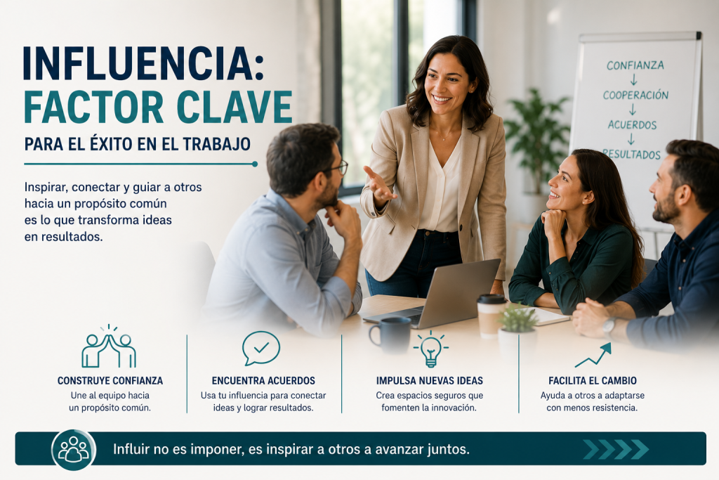 Líder presentando una idea a su equipo durante una reunión mientras los colaboradores participan activamente y construyen acuerdos en un ambiente de confianza.