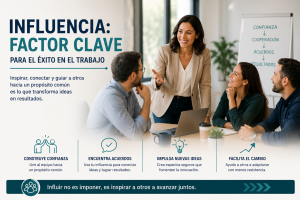 Líder presentando una idea a su equipo durante una reunión mientras los colaboradores participan activamente y construyen acuerdos en un ambiente de confianza.