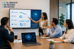 Equipo de proyecto analizando avances, riesgos y escenarios con apoyo de herramientas de inteligencia artificial en una sala de juntas moderna.