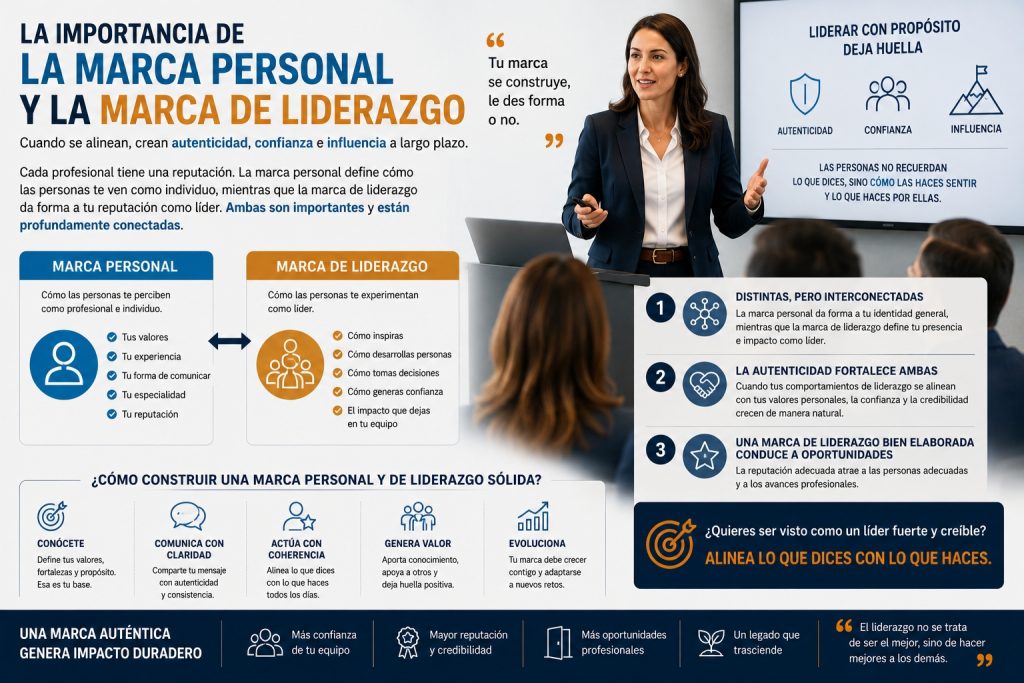 Profesional compartiendo una conferencia o presentación frente a una audiencia, representando marca personal, liderazgo y reputación profesional.