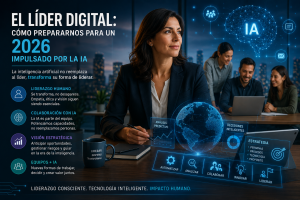 Líder analizando información digital e inteligencia artificial mientras guía a un equipo en un entorno de transformación tecnológica.