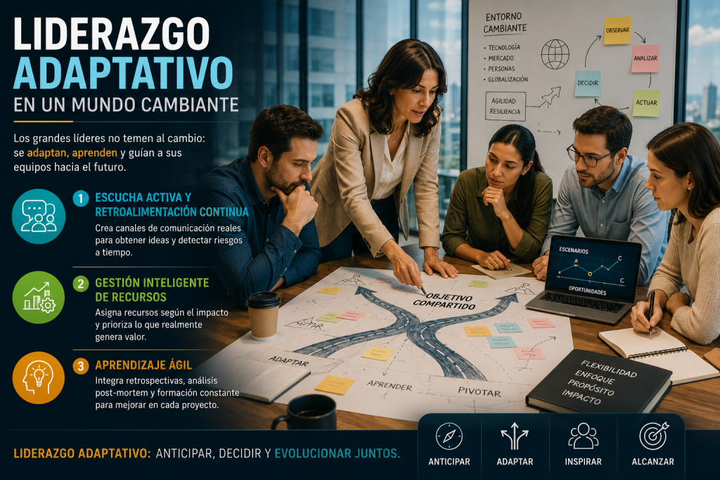 Líder guiando a su equipo durante una sesión estratégica para adaptarse a cambios organizacionales y tecnológicos.