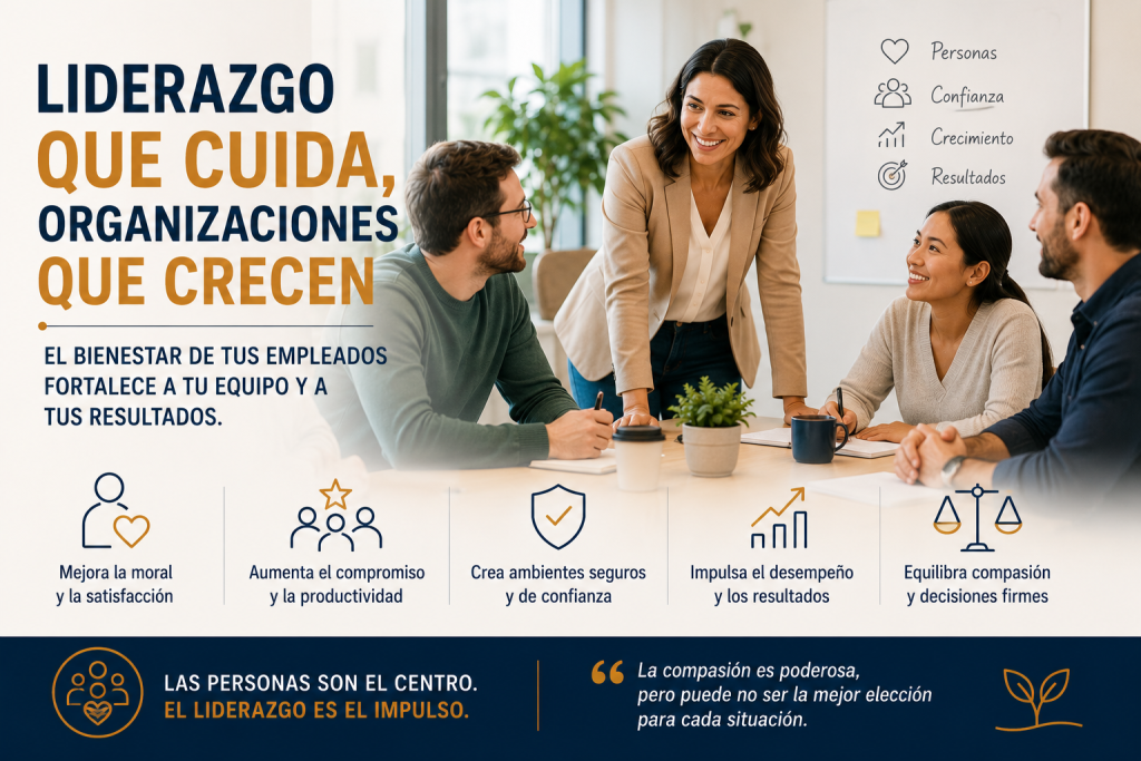 Líder conversando con su equipo en un ambiente de trabajo colaborativo que refleja bienestar, confianza y apoyo entre los colaboradores.