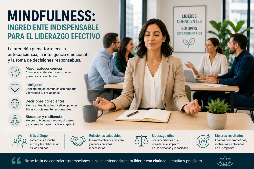 Líder realizando una breve práctica de respiración consciente antes de una reunión con su equipo, representando atención plena, inteligencia emocional y liderazgo efectivo.