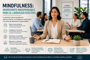 Líder realizando una breve práctica de respiración consciente antes de una reunión con su equipo, representando atención plena, inteligencia emocional y liderazgo efectivo.