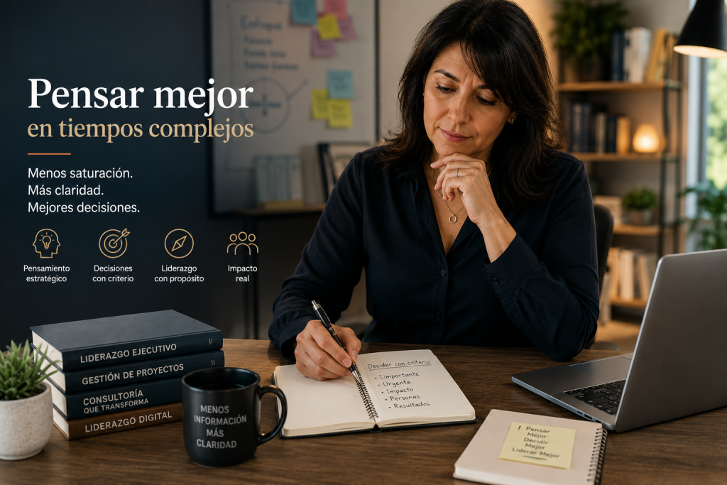 Persona reflexionando frente a una libreta y una computadora mientras organiza ideas para tomar mejores decisiones en tiempos complejos.