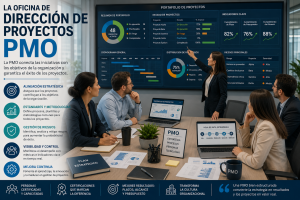 Equipo de PMO revisando portafolios de proyectos, indicadores y métricas estratégicas en una oficina corporativa.