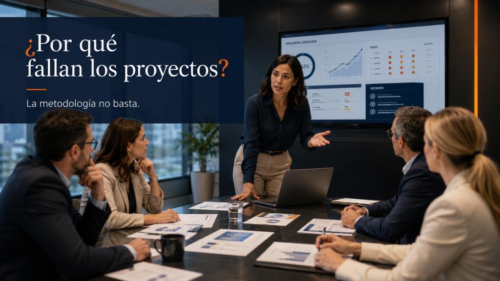 Equipo de proyecto revisando avances, riesgos y decisiones en una sala de juntas con tablero de seguimiento, documentos y computadora portátil.
