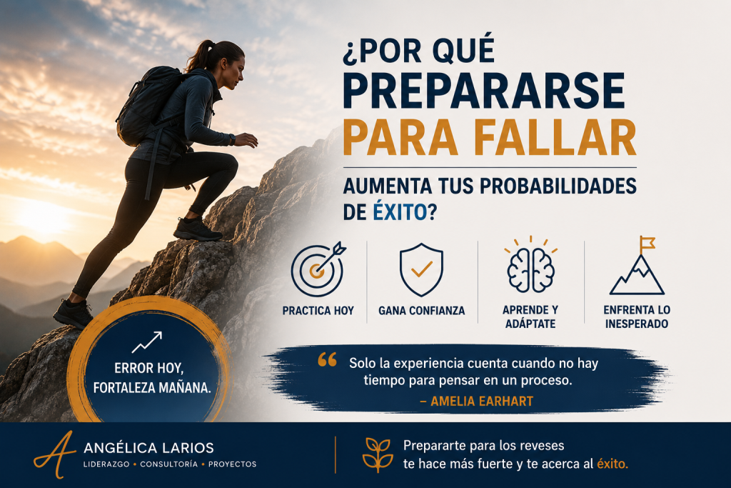 Profesional escalando una montaña como símbolo de preparación, resiliencia y aprendizaje para afrontar desafíos y alcanzar el éxito.