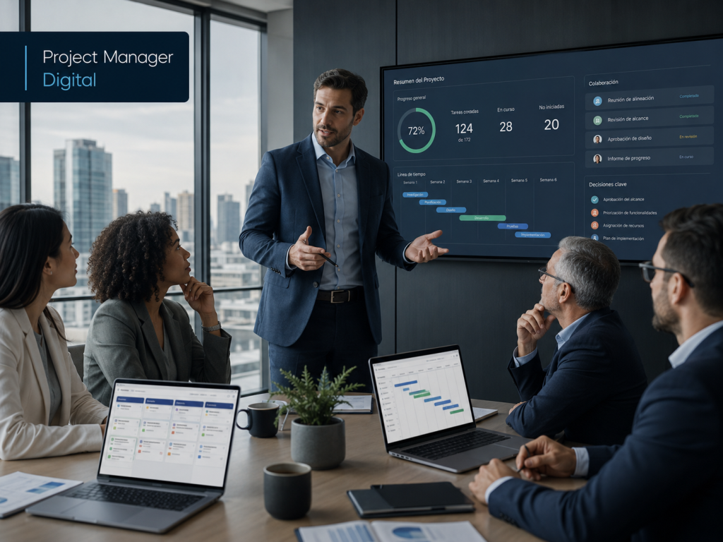 Project manager liderando una reunión ejecutiva con un equipo diverso mientras revisan avances, decisiones y herramientas digitales de gestión de proyectos.