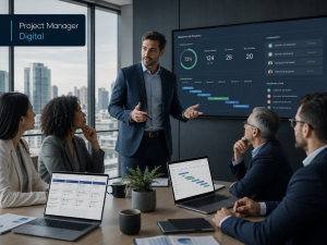 Project manager liderando una reunión ejecutiva con un equipo diverso mientras revisan avances, decisiones y herramientas digitales de gestión de proyectos.