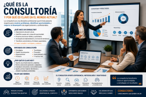 Consultora presentando una estrategia de negocio a un equipo directivo durante una sesión de consultoría empresarial.