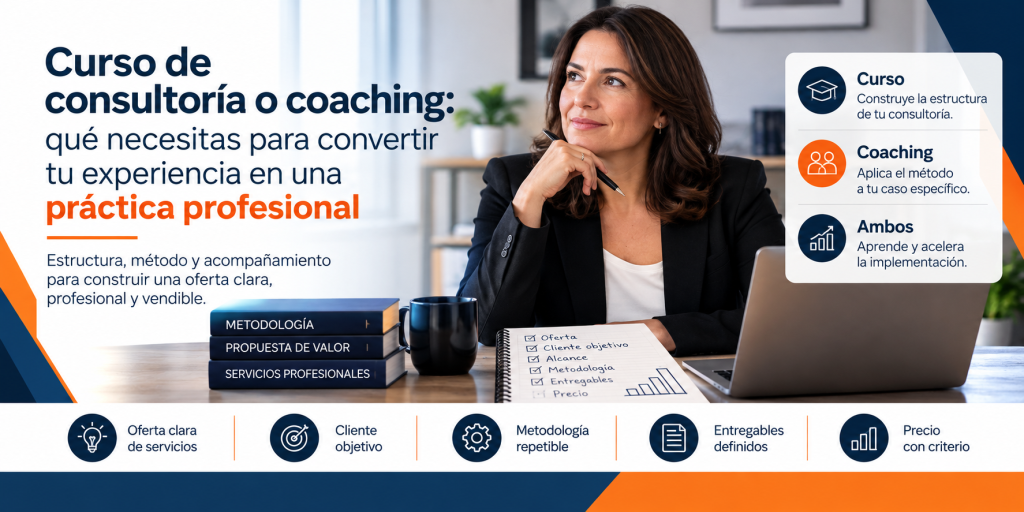 ¿Curso de consultoría, coaching o ambos? Descubre qué opción te conviene para convertir tu experiencia en una oferta clara, profesional y vendible.